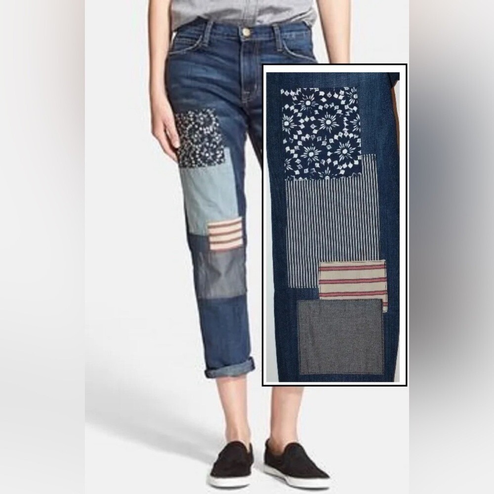 Current/Elliot The Fling Patchwork Boyfriend Cropped size 26 EUC, Dark Wash